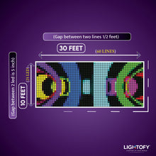 Diagram showing LED strip dimensions and spacing with Lightofy branding on a purple background.