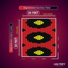 Light display with dimensions and spacing information on a purple background, featuring the Lightofy brand.