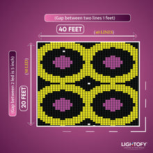 Lighting pattern diagram with measurements and Lightofy branding on a purple background
