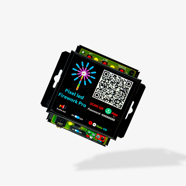 A Pixel LED Firework Pro controller with a QR code, various connectivity options, and a display screen showing a firework sequence.