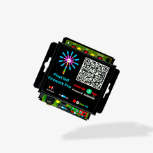 A Pixel LED Firework Pro controller with a QR code, various connectivity options, and a display screen showing a firework sequence.
