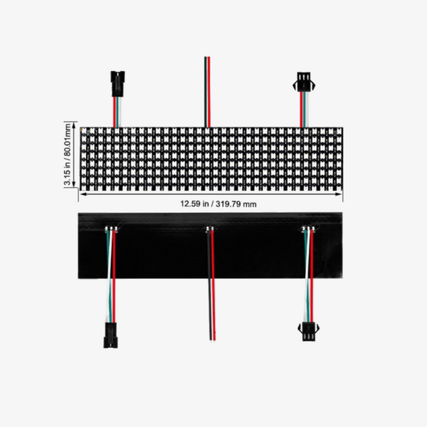 Pixel LED flexible panel with dimensions labeled, equipped with red and black wires and a black casing.