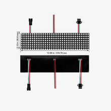 Pixel LED flexible panel with dimensions labeled, equipped with red and black wires and a black casing.