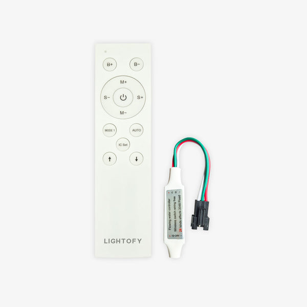 A white rectangular running water controller with three control buttons labeled 'SPEED/BRIGHT', 'ON/OFF', and 'MODE', accompanied by a connector and LED strip.