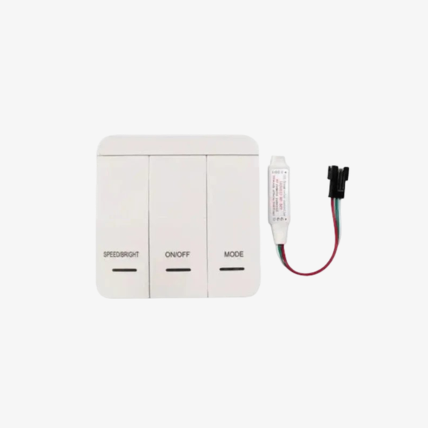 A white rectangular running water controller with three control buttons labeled 'SPEED/BRIGHT', 'ON/OFF', and 'MODE', accompanied by a connector and LED strip.