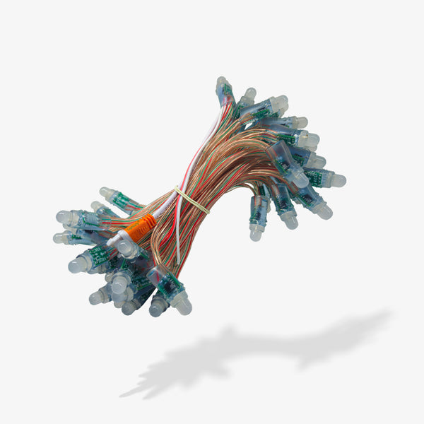 A bundle of multicolored LED gel wires with clear LED units and orange connectors.