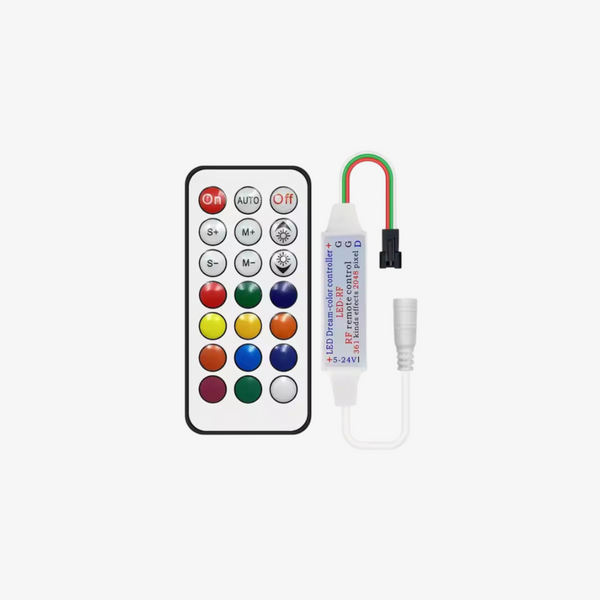 A vector illustration of a pixel LED mini controller with a 21-key RF remote. The image shows a remote with multicolored buttons and a small rectangular controller with a cable.
