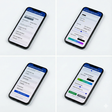 Four smartphone screens displaying a user interface with text and buttons on a white background.