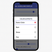 Phone displaying a color and effects selection interface with options like Static Color, Rain, Snow, and Fire.