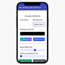 Phone screen displaying color and effects settings with text color, background color, and brightness controls.