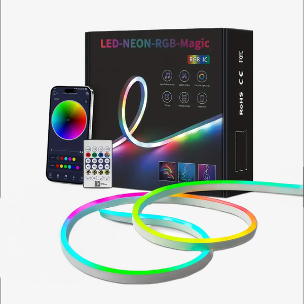 LED neon RGB Magic strip with packaging, smartphone, and remote control on a white background