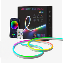 LED neon RGB Magic strip with packaging, smartphone, and remote control on a white background