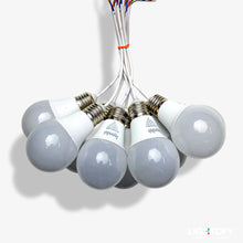 String of light bulbs with visible wiring on a white background