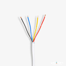Four-wire cable with colored wires on a white background