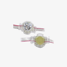 Two coin-shaped LED pixels with visible internal structure and attached wires for connectivity.