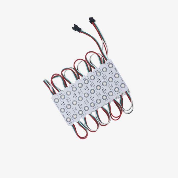 An array of RGB LED modules with a white circuit board, connected by wires with red, green, and white coloring, designed for 12-volt power supply.