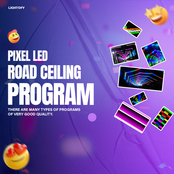 Promotional image for a Pixel LED Road Ceiling Program, featuring various illustrated images and icons related to the program's capabilities and features, set against a purple background with celebratory confetti.