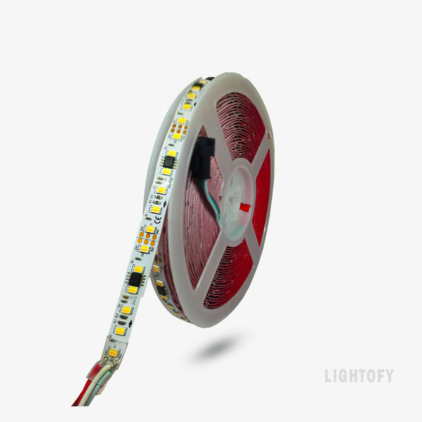 A coil of LED strip lighting designed for use in lighting fixtures, displaying various LED nodes along a flexible strip.