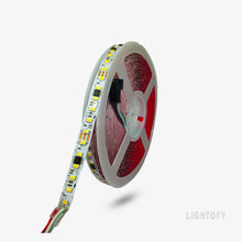 A coil of LED strip lighting designed for use in lighting fixtures, displaying various LED nodes along a flexible strip.