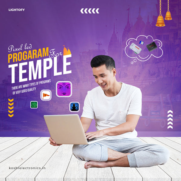 A person sitting on a floor with a laptop on their lap, smiling while looking at the screen. Around him, there are decorations like a temple-style lamp and programmable LED signs, suggesting the theme of 'Pixel LED Temple Program' for T1000S Controller.