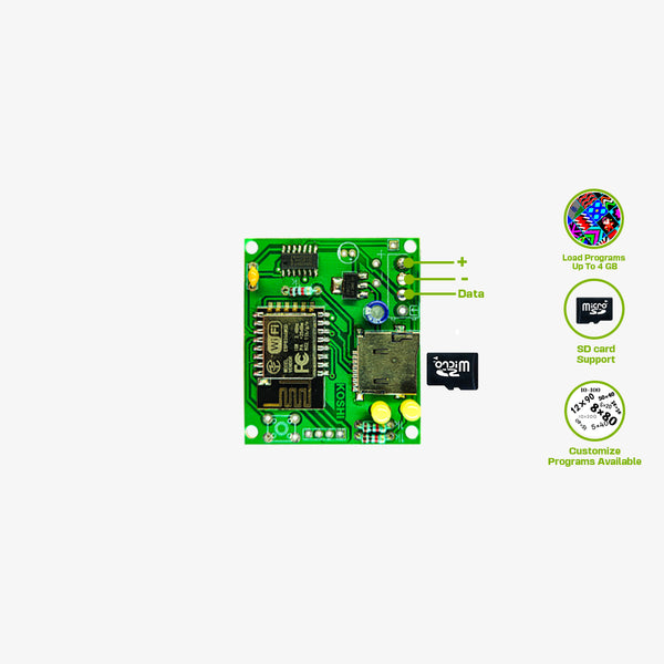 A Pixel LED controller for building decoration with a QR code and connection points visible on the front panel. It is connected to a LED matrix via a multi-pin connector.