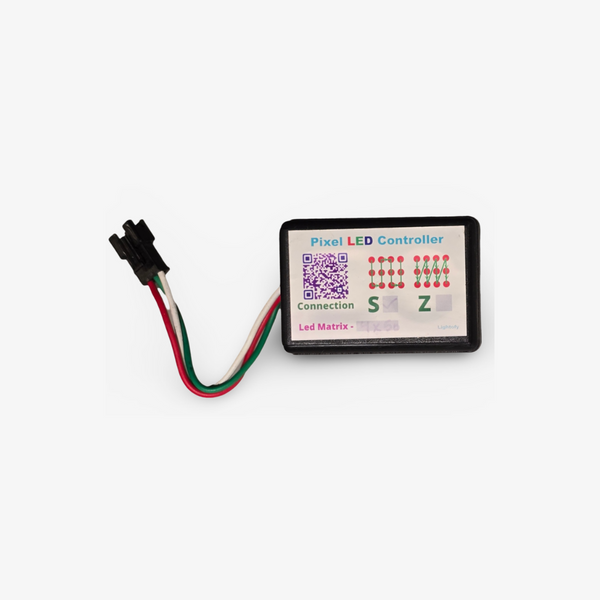 A Pixel LED controller for building decoration with a QR code and connection points visible on the front panel. It is connected to a LED matrix via a multi-pin connector.
