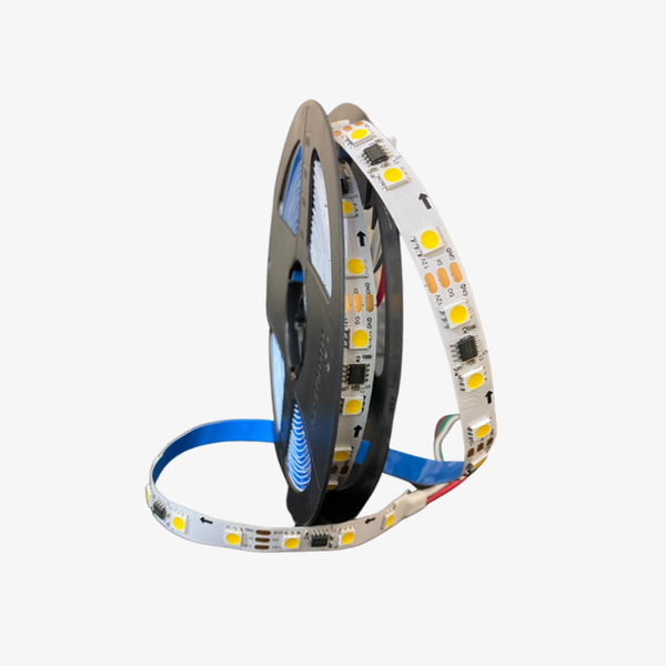 A close-up of a black LED strip pixel with blue and red wires, and a series of white LEDs along the strip.