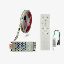 The image shows a set of components for the PIXEL LED WATER FLOW KIT which includes a reel of LED strip lights, a power supply unit, a CCT flowing water controller, and a remote.