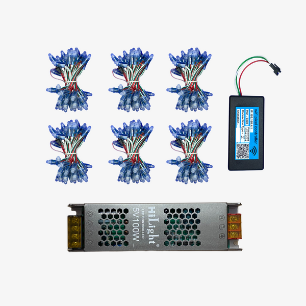A collection of blue Pixel LED WIFI display components, including a WIFI display controller with a blue label.