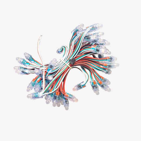 A bundle of WS2811 pixel LED lights with multicolored wiring.