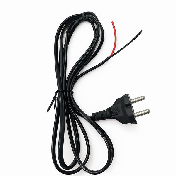 Black electrical cable with a plug on a white background