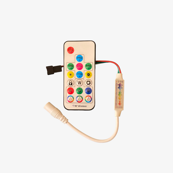 A Pixel LED RF Music Controller with multicolored buttons on the remote and a connected strip of LED lights.