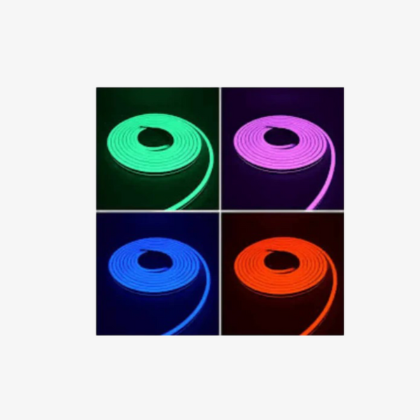 Four images showing flexible RGB neon lights in different colors: green, purple, blue, and orange, coiled and displaying a solid color in each image.
