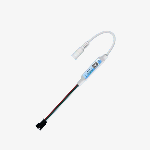 A white SP621E Mini Bluetooth Pixel LED Controller with a USB connector on one end and a socket for connecting to an LED strip light on the other.