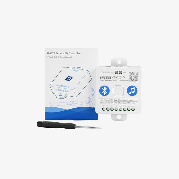 An image showing the SP630E Pixel LED Controller, its packaging, and a screwdriver, indicating the product is for controlling LED strips in home decor.