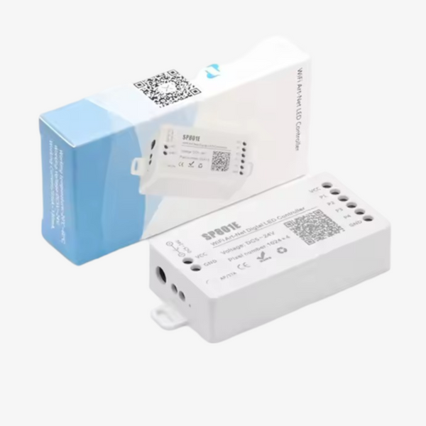 A white SP801E Pixel LED controller with a QR code, next to its packaging box which has 'BanlanX' branding and product information.