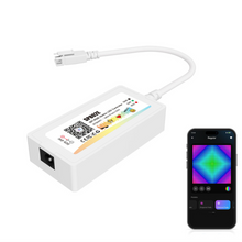 White electronic device with a cable and smartphone displaying colorful app interface on a white background