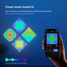 Hand holding a smartphone with a colorful app interface on a blue background
