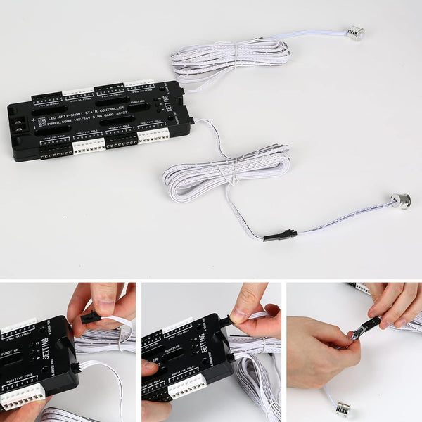 A stair controller with black and white components, including wiring and connectors, shown in a series of images with a person's hands installing the device.
