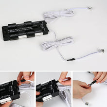 A stair controller with black and white components, including wiring and connectors, shown in a series of images with a person's hands installing the device.