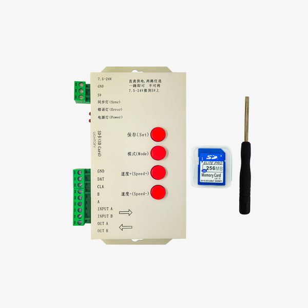 A programmable LED controller with a beige enclosure, a set of red buttons labeled 'ON', 'OFF', and 'CHANGE', a green terminal point, and an SD card inserted in the controller.