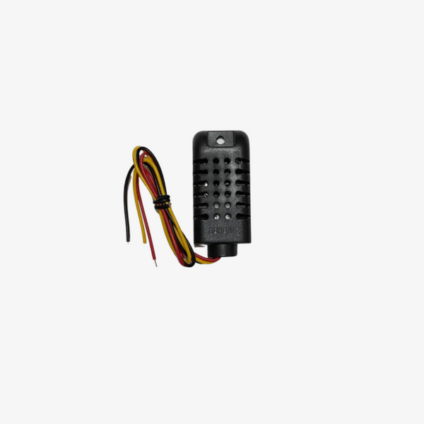 A black temperature and humidity sensor with a model number label and attached cables.