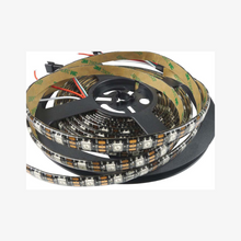 An addressable pixel LED strip with individual LEDs visible, connected to a microcontroller chip, and surrounded by a black casing.