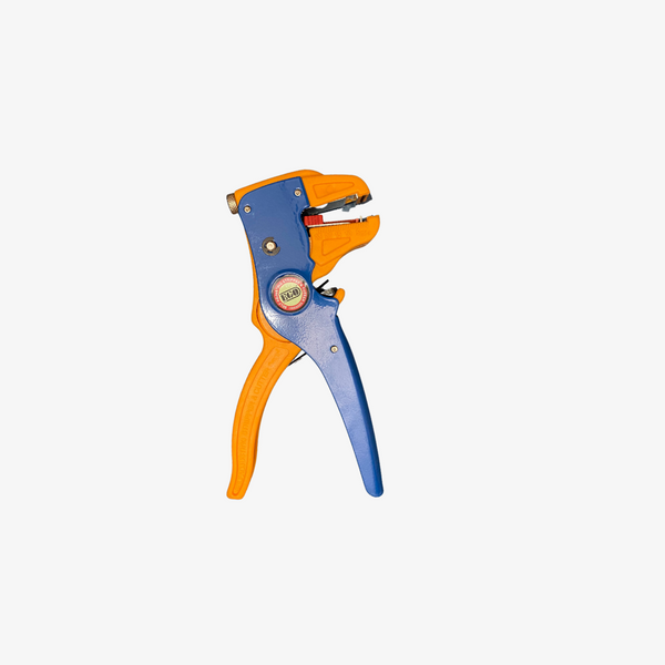 A wire striper and cutter with blue and orange handles and metal components.