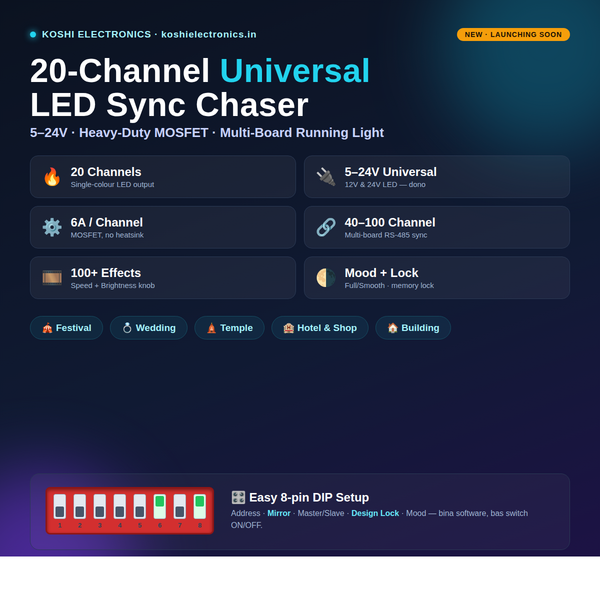20-Channel Universal LED Sync Chaser Controller (5–24V) | 100+ Effects | Multi-Board 40/60/80/100 Channel | Single Colour Running Light | Koshi Electronics